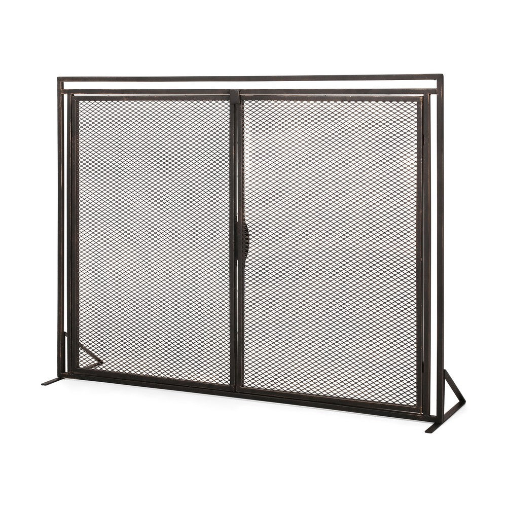 31x40 Fireplace Screen, 2 Door Diamond Mesh Design, Black Bronze Iron