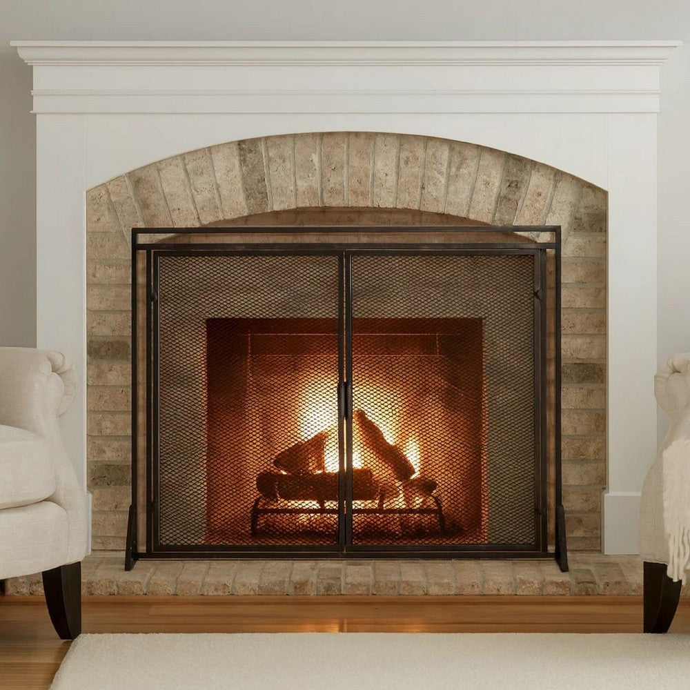 31x40 Fireplace Screen, 2 Door Diamond Mesh Design, Black Bronze Iron