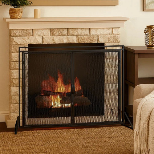 31x40 Fireplace Screen, 2 Door Diamond Mesh Design, Black Bronze Iron