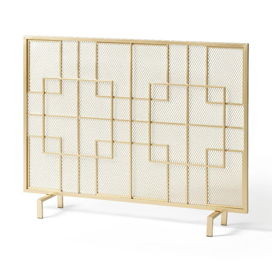 31x41 Fireplace Screen, Overlapping Square Design, Classic Gold Iron