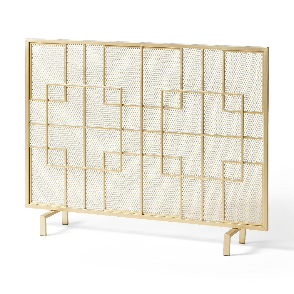 31x41 Fireplace Screen, Overlapping Square Design, Classic Gold Iron
