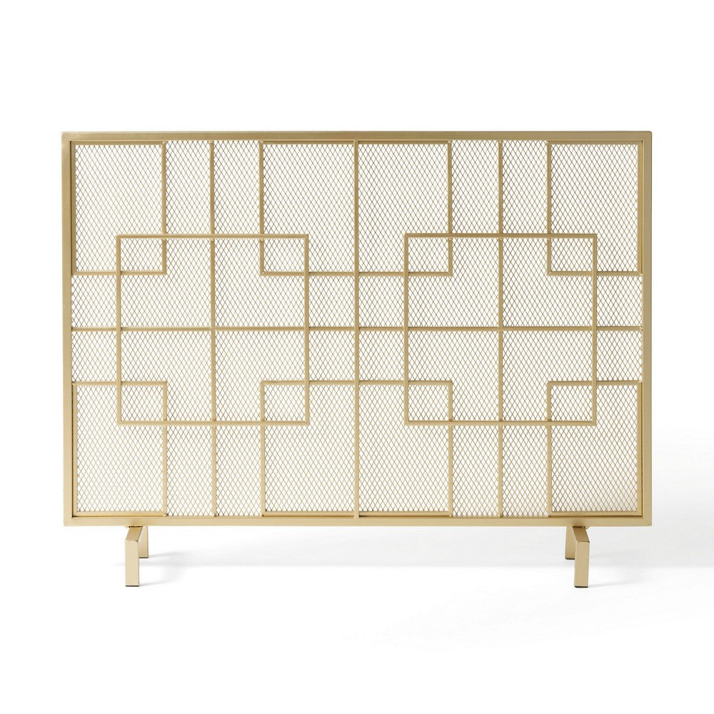 31x41 Fireplace Screen, Overlapping Square Design, Classic Gold Iron