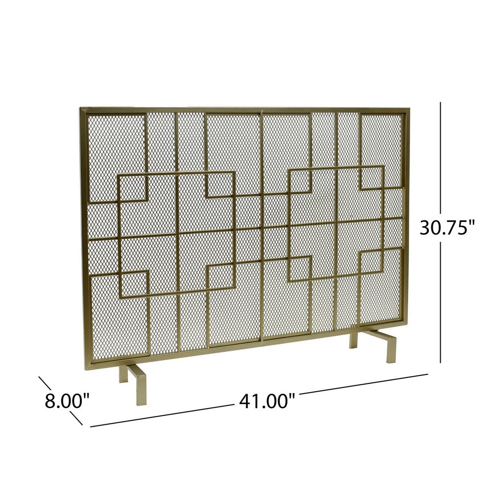 31x41 Fireplace Screen, Overlapping Square Design, Classic Gold Iron