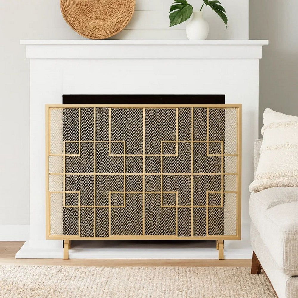 31x41 Fireplace Screen, Overlapping Square Design, Classic Gold Iron