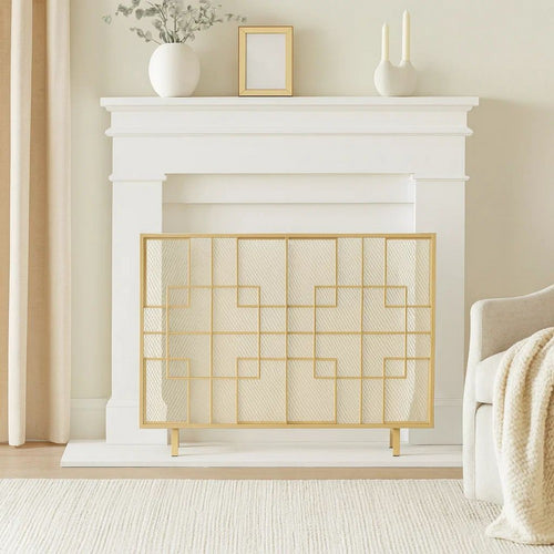 31x41 Fireplace Screen, Overlapping Square Design, Classic Gold Iron