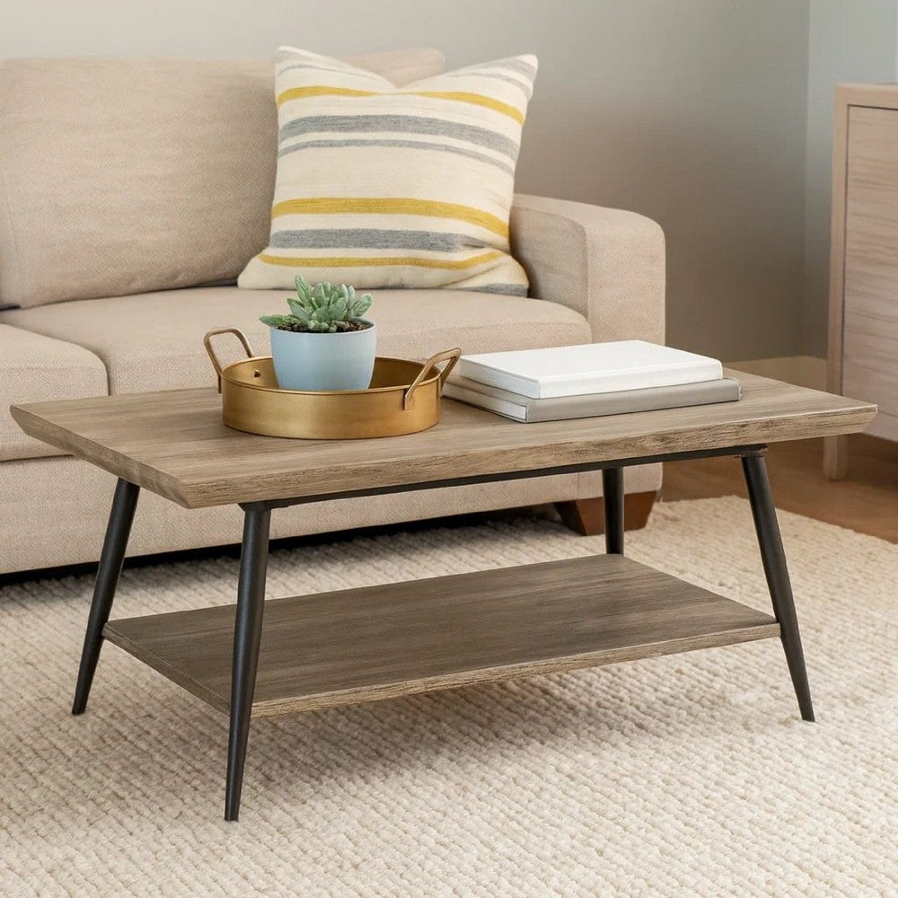Coffee Table, 43" Top, Sleek Black Metal Legs, Taupe Gray Wood Finish