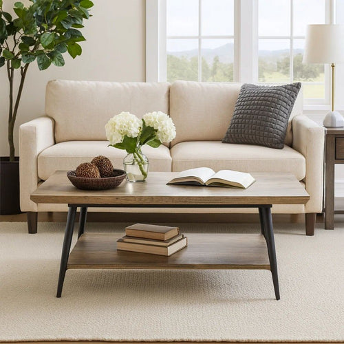 Coffee Table, 43" Top, Sleek Black Metal Legs, Taupe Gray Wood Finish