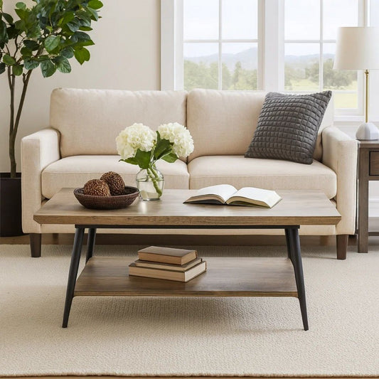 Coffee Table, 43" Top, Sleek Black Metal Legs, Taupe Gray Wood Finish