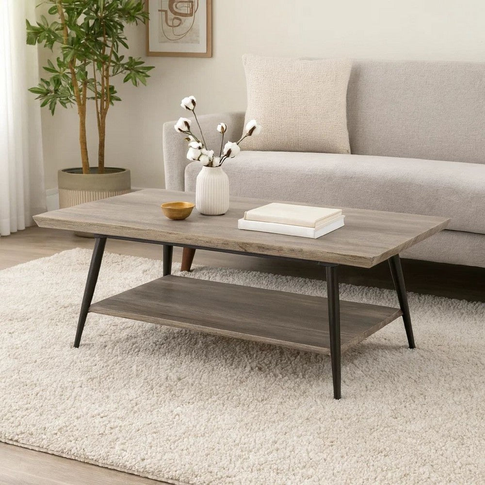 Coffee Table, 43" Top, Sleek Black Metal Legs, Taupe Gray Wood Finish