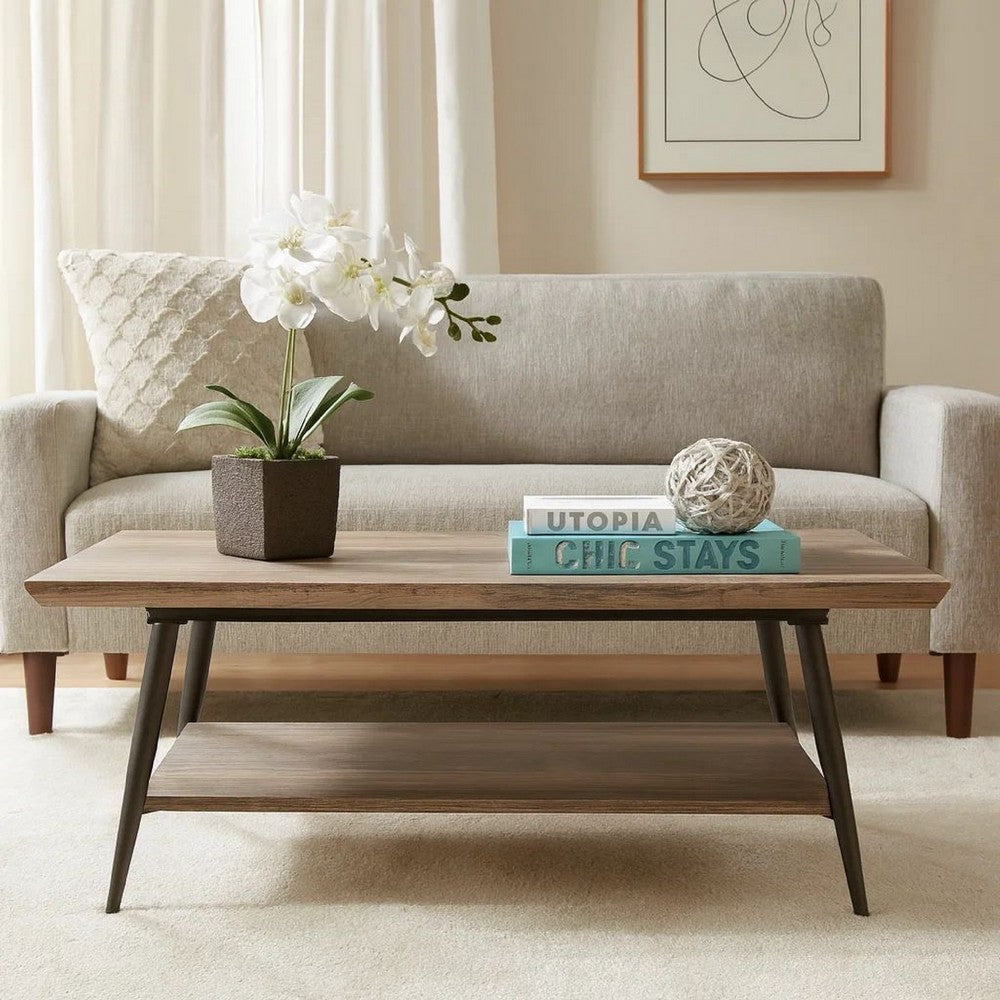 Coffee Table, 43" Top, Sleek Black Metal Legs, Taupe Gray Wood Finish