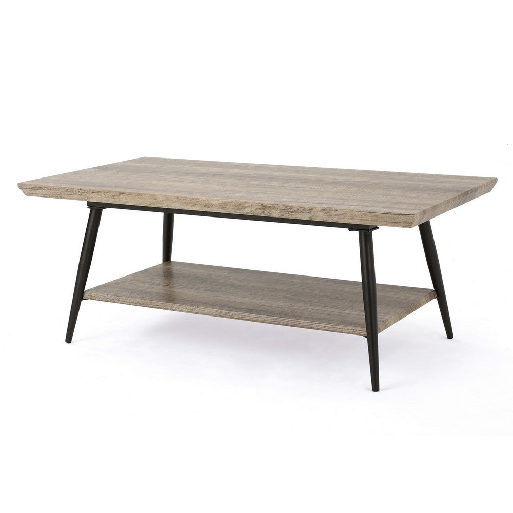 Coffee Table, 43" Top, Sleek Black Metal Legs, Taupe Gray Wood Finish