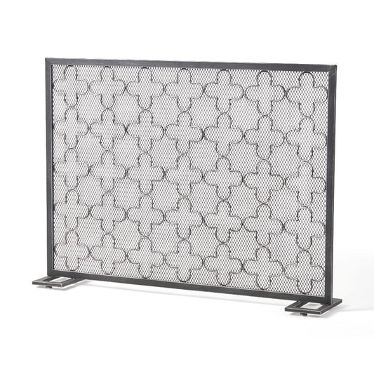 30x41 Fireplace Screen, Classic Clover Trellis Pattern, Black Iron