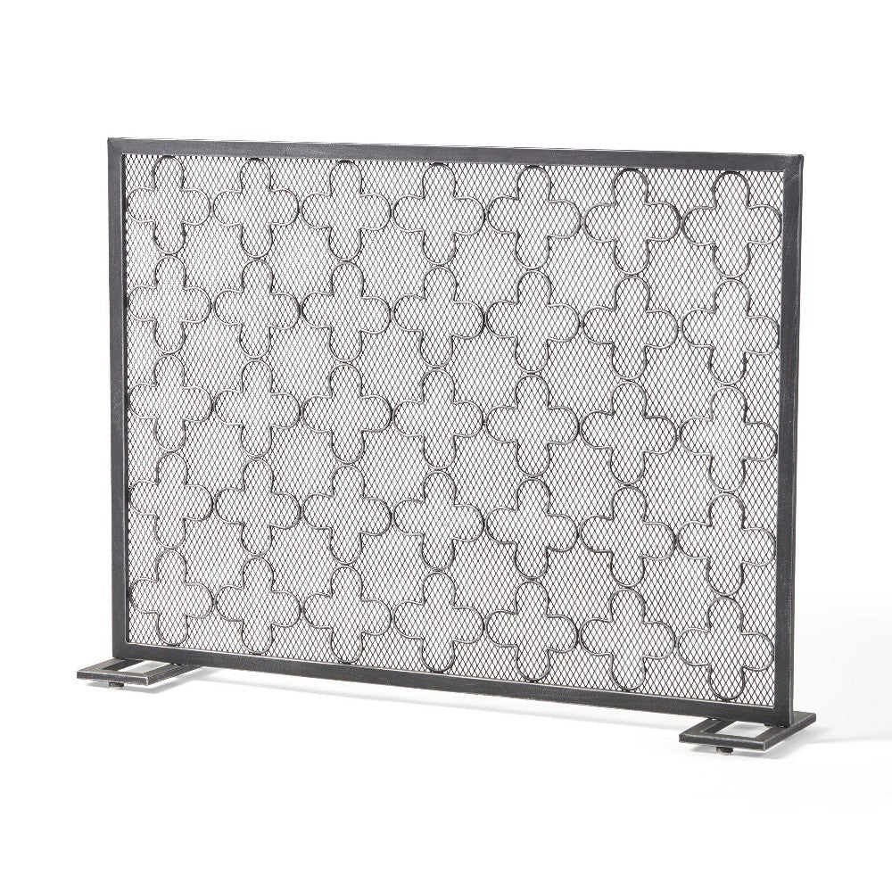 30x41 Fireplace Screen, Classic Clover Trellis Pattern, Black Iron
