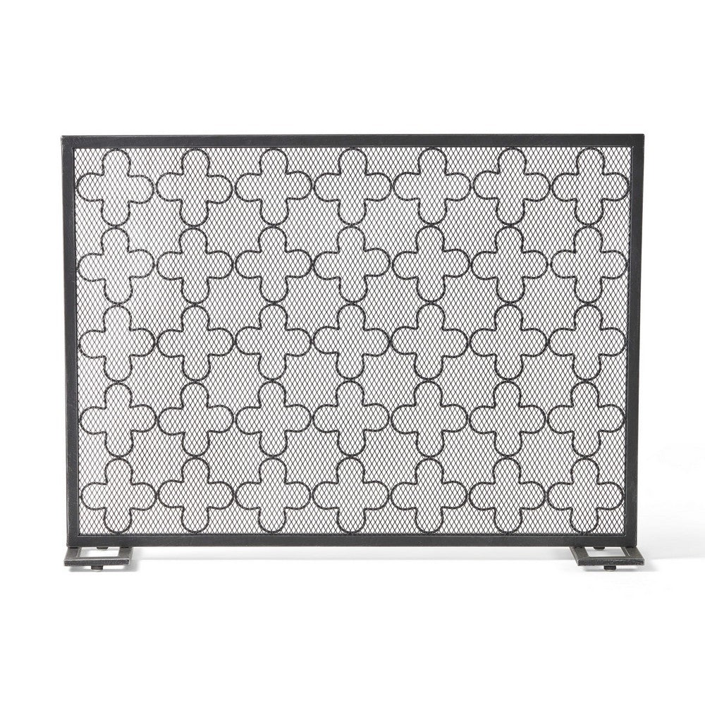 30x41 Fireplace Screen, Classic Clover Trellis Pattern, Black Iron
