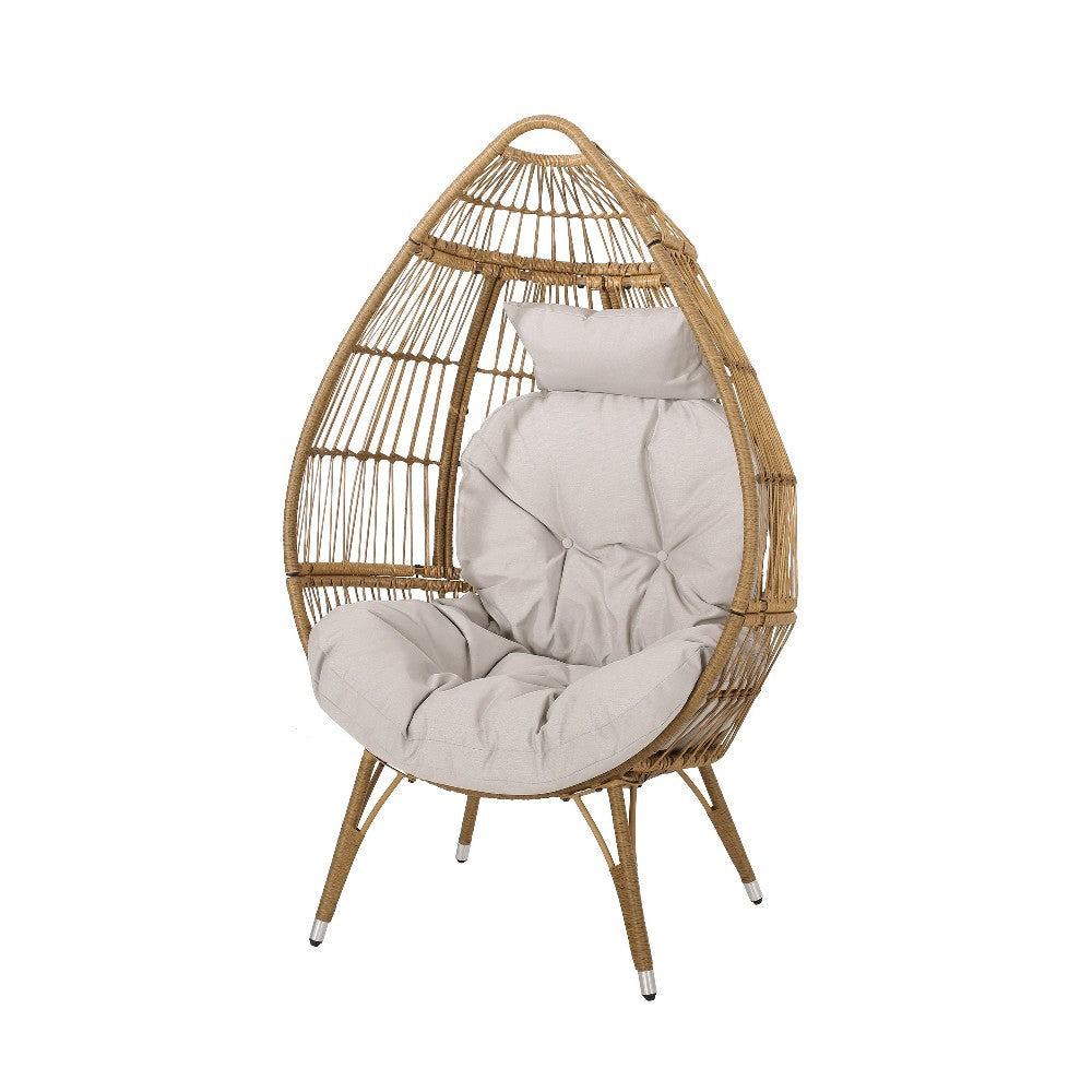 Outdoor Accent Chair, Teardrop Cocoon w Beige Pillow, Brown PE Rattan