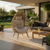 Outdoor Accent Chair, Teardrop Cocoon w Beige Pillow, Brown PE Rattan
