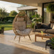 Outdoor Accent Chair, Teardrop Cocoon w Beige Pillow, Brown PE Rattan