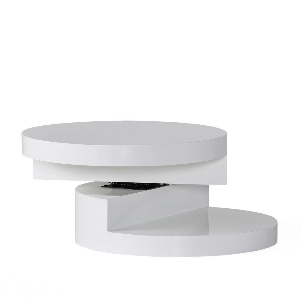Coffee Table, Open Lower Shelf, Rotating 24" Modern Round White Top