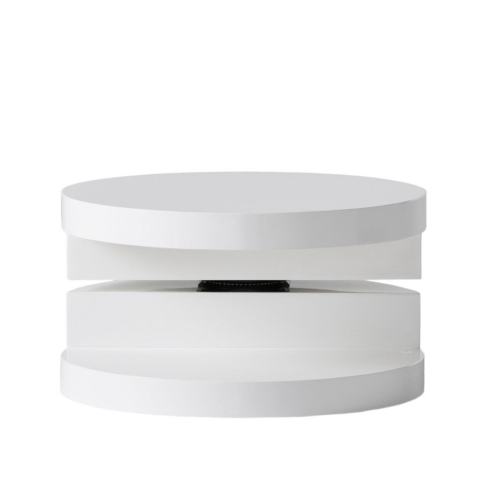 Coffee Table, Open Lower Shelf, Rotating 24" Modern Round White Top