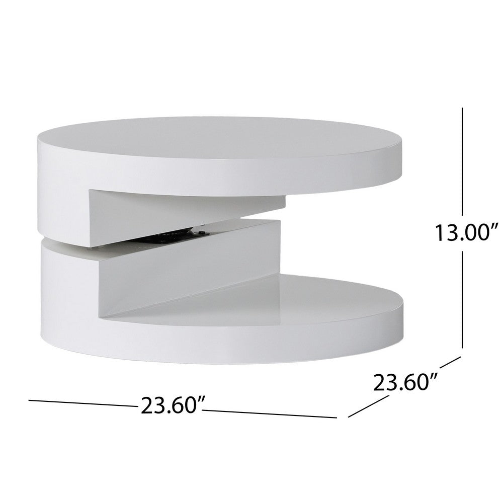 Coffee Table, Open Lower Shelf, Rotating 24" Modern Round White Top