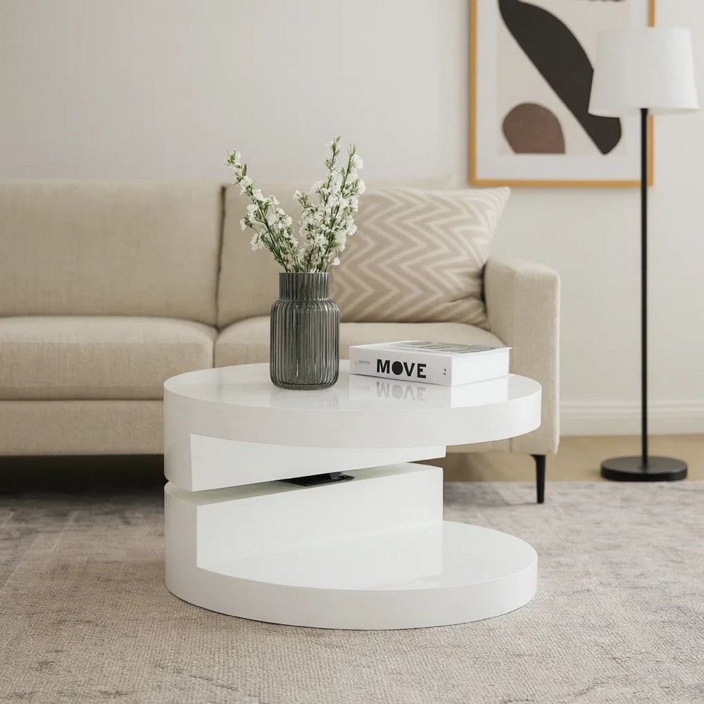Coffee Table, Open Lower Shelf, Rotating 24" Modern Round White Top
