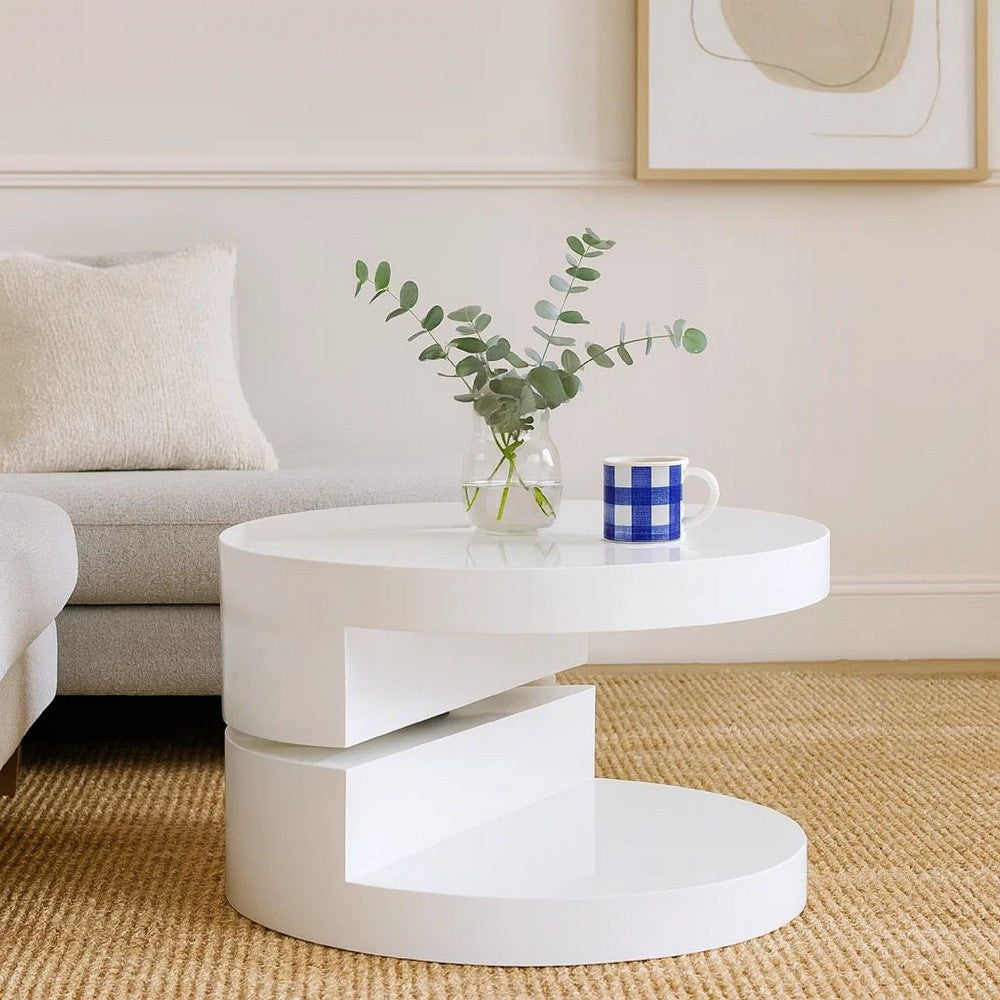 Coffee Table, Open Lower Shelf, Rotating 24" Modern Round White Top