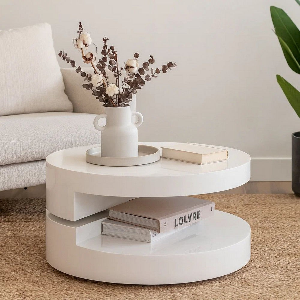 Coffee Table, Open Lower Shelf, Rotating 24" Modern Round White Top