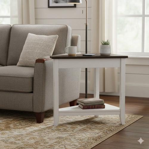Orso Chairside Table, Shelf, 24" Angled Brown Top, White Mahogany Wood
