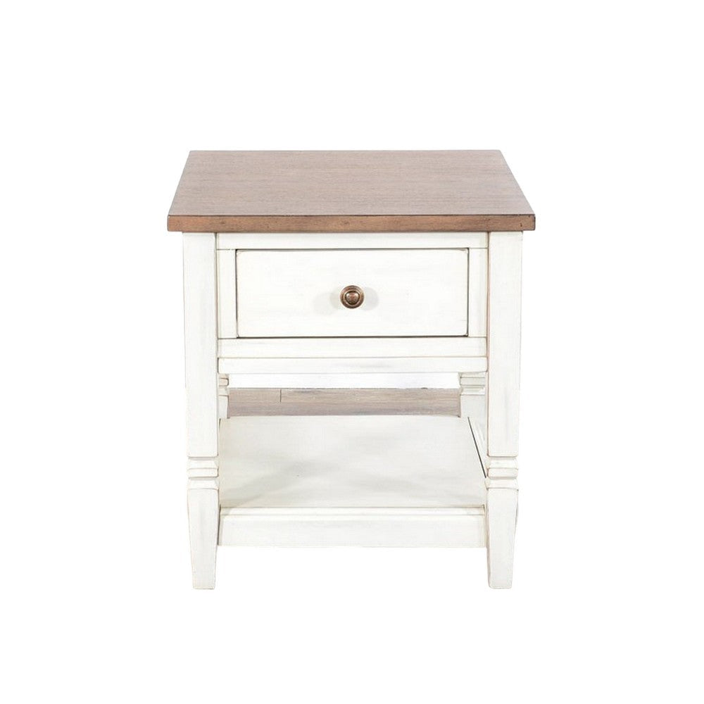 Dean Side End Table w Shelf Drawer 26’’ Rectangular Brown White Wood BM325151