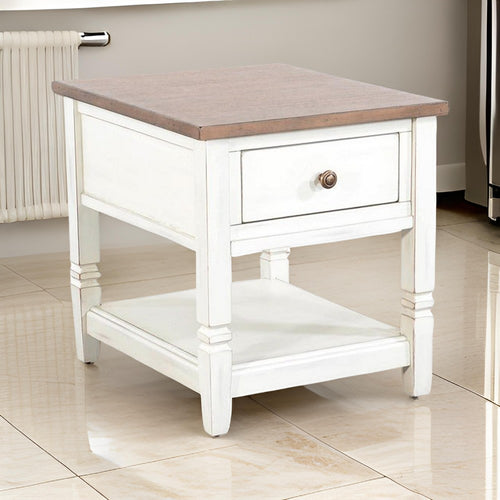 Dean Side End Table w Shelf, Drawer, 26" Rectangular Brown, White Wood