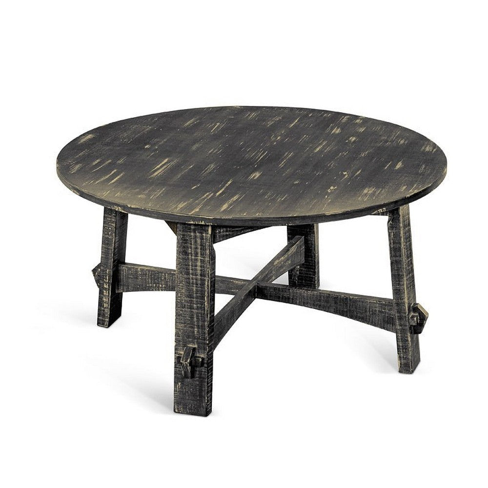 Rena Coffee Table 36’’ Round Top Distressed Rustic Black Wood BM325153