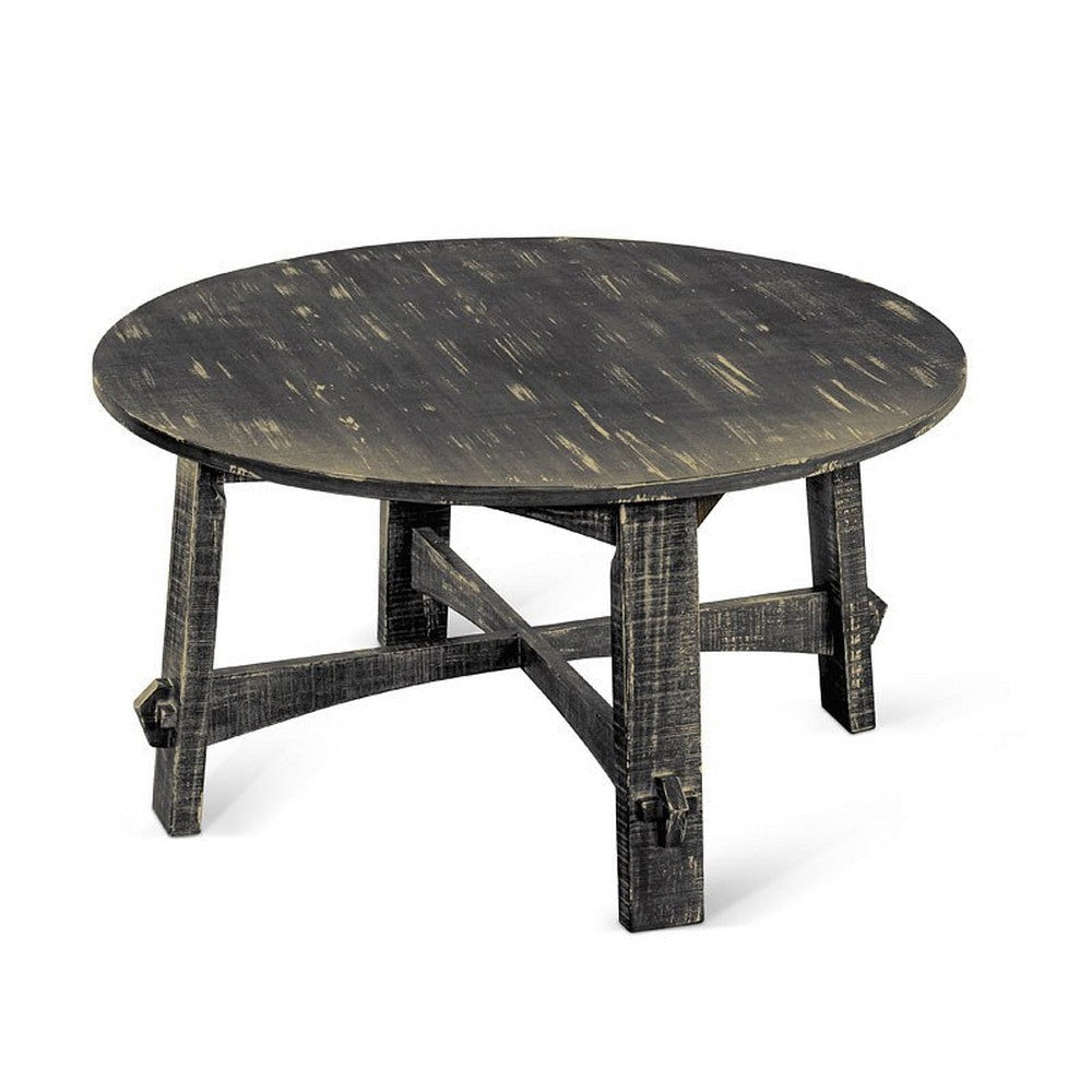 Rena Coffee Table 36’’ Round Top Distressed Rustic Black Wood BM325153