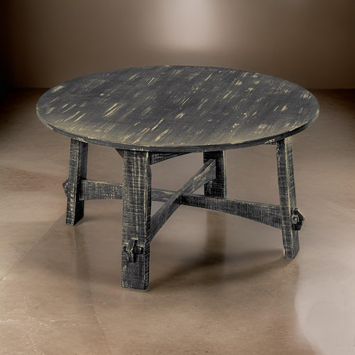 Rena Coffee Table, 36" Round Top, Distressed Rustic Black Wood