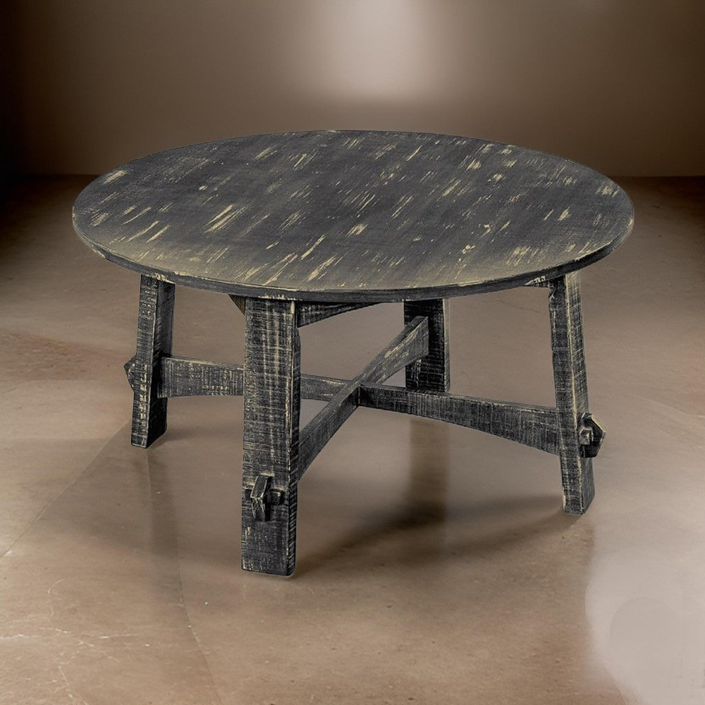 Rena Coffee Table, 36" Round Top, Distressed Rustic Black Wood