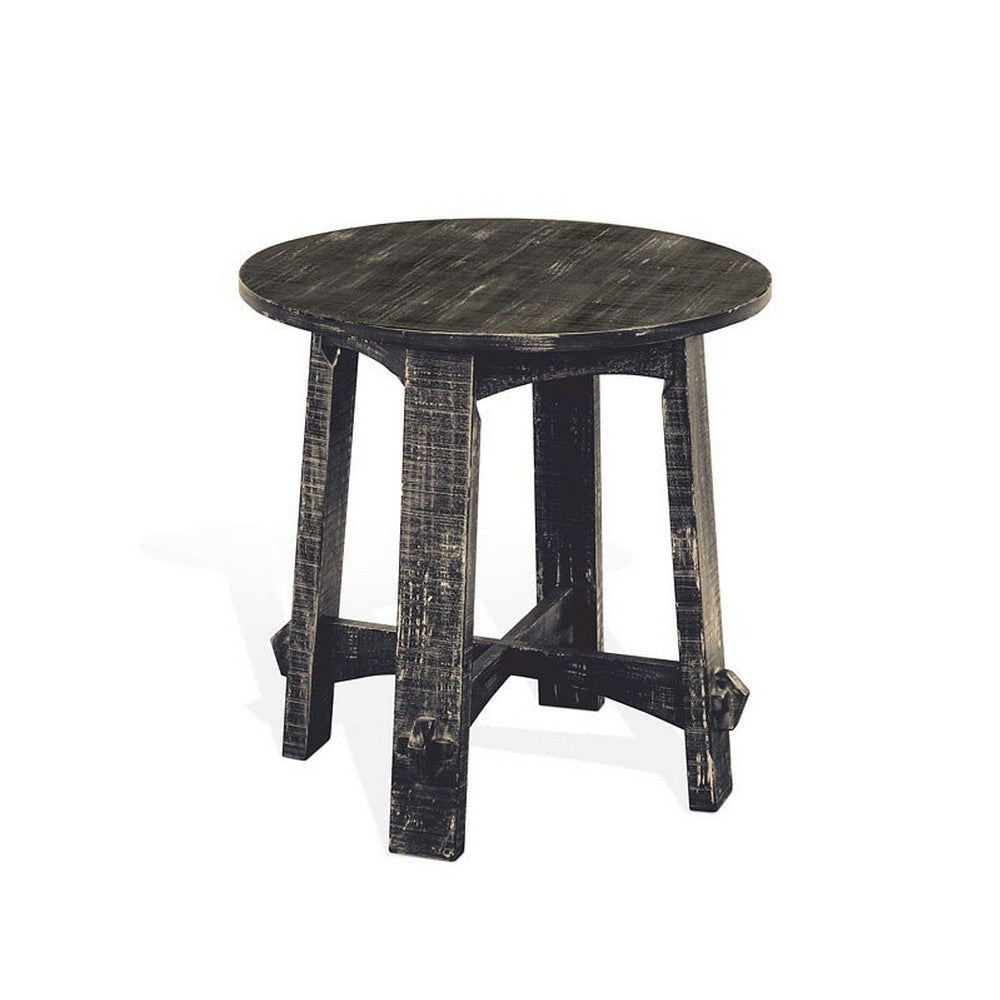 Rena Side End Table X Legs 24’’ Round Distressed Rustic Black Wood BM325155