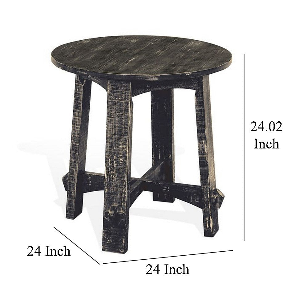 Rena Side End Table X Legs 24’’ Round Distressed Rustic Black Wood BM325155