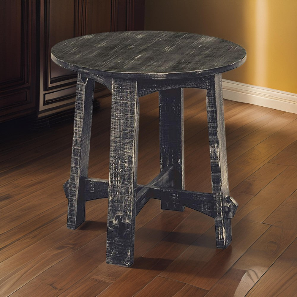 Rena Side End Table, X Legs, 24" Round, Distressed Rustic Black Wood