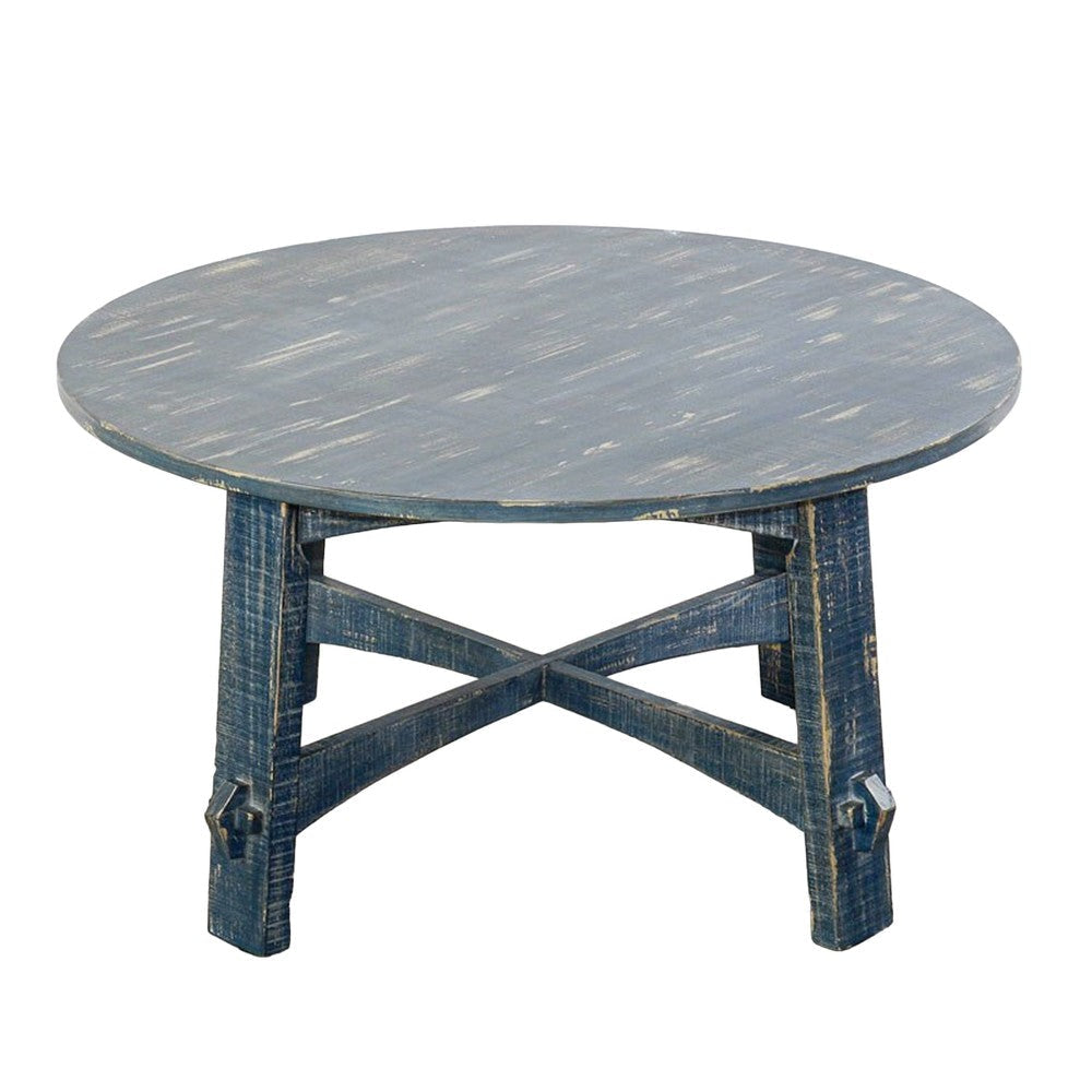 Rena Rustic Coffee Table 36’’ Round Top Distressed Ocean Blue Wood BM325156