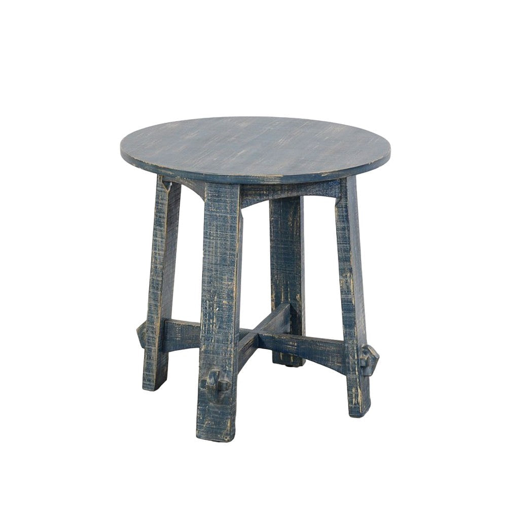 Rena Side End Table 24’’ Round Top Rustic Distressed Blue Wood BM325158