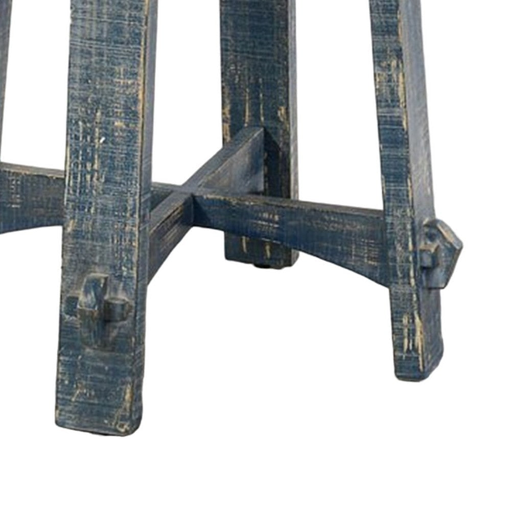 Rena Side End Table 24’’ Round Top Rustic Distressed Blue Wood BM325158