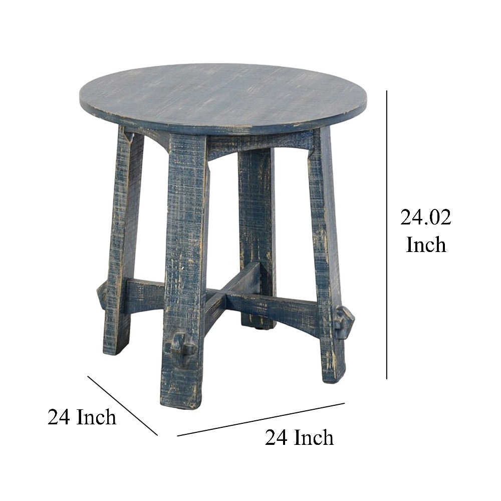 Rena Side End Table 24’’ Round Top Rustic Distressed Blue Wood BM325158