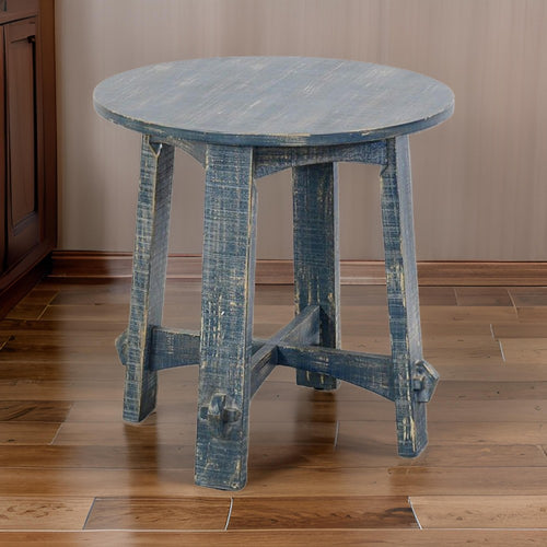 Rena Side End Table, 24" Round Top, Rustic Distressed Blue Wood