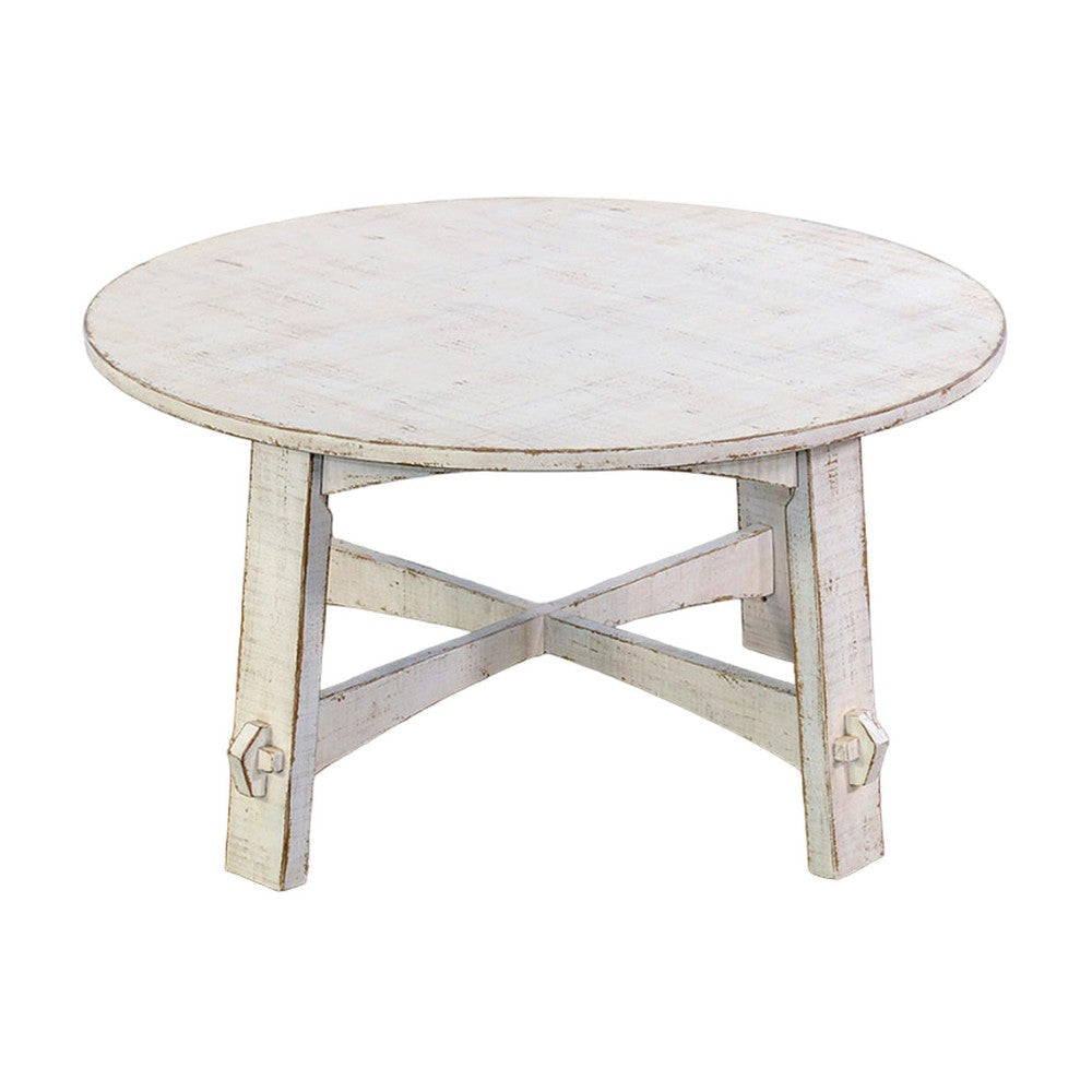 Rena Rustic Coffee Table 36’’ Round Top Distressed White Wood BM325159
