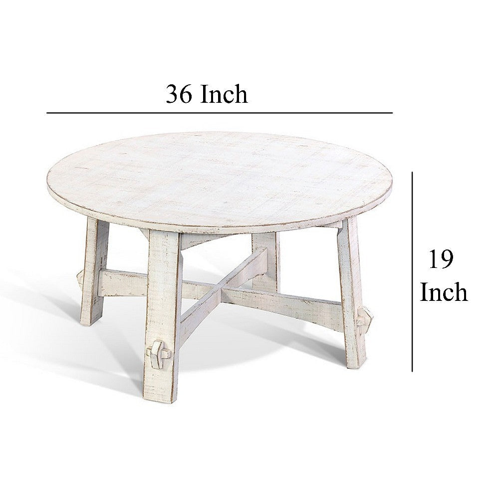 Rena Rustic Coffee Table 36’’ Round Top Distressed White Wood BM325159