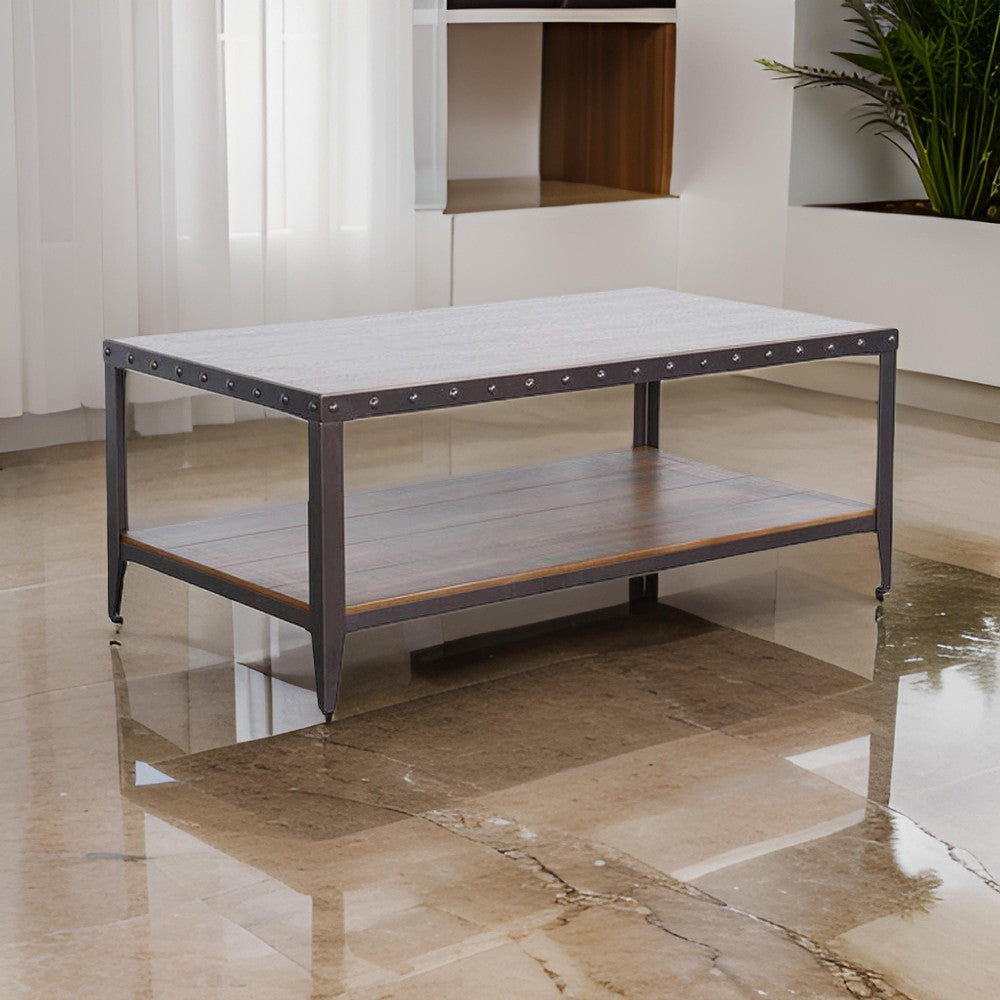 Ayka Coffee Table w Shelf, Nailhead Accent, 48" Rectangular Brown Wood