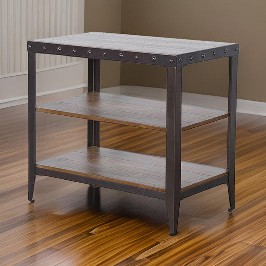Ayka Chairside Table w 2 Shelf, Nailhead, 28" Rectangular Brown Wood