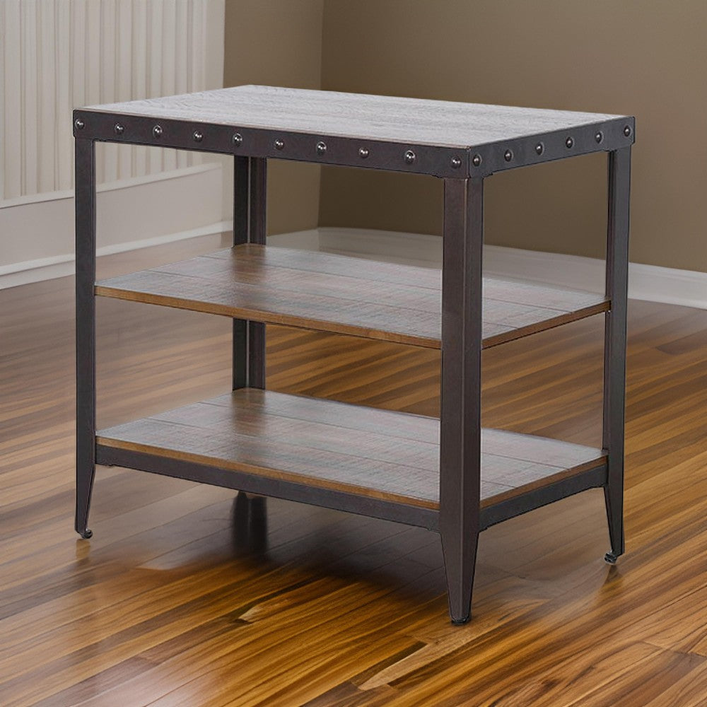 Ayka Chairside Table w 2 Shelf, Nailhead, 28" Rectangular Brown Wood