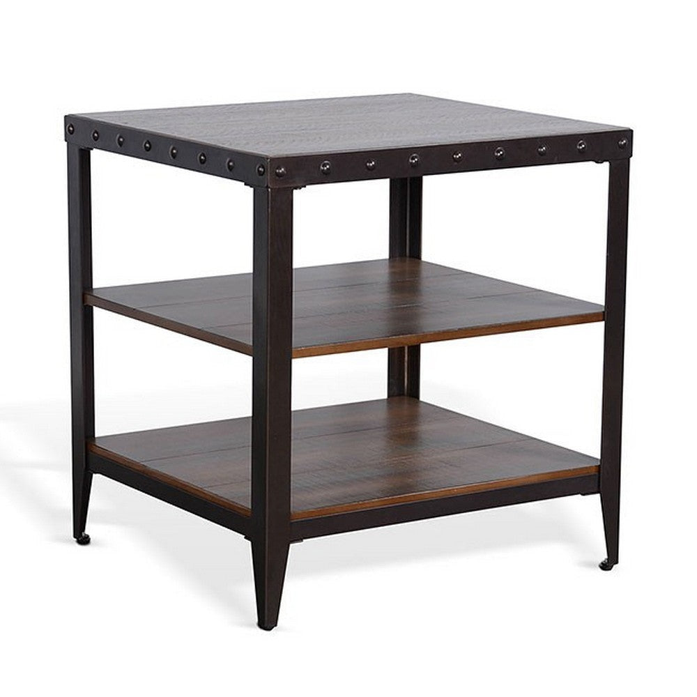 Ayka Side End Table w 2 Shelf Nailhead 24’’ Rectangular Brown Wood BM325164