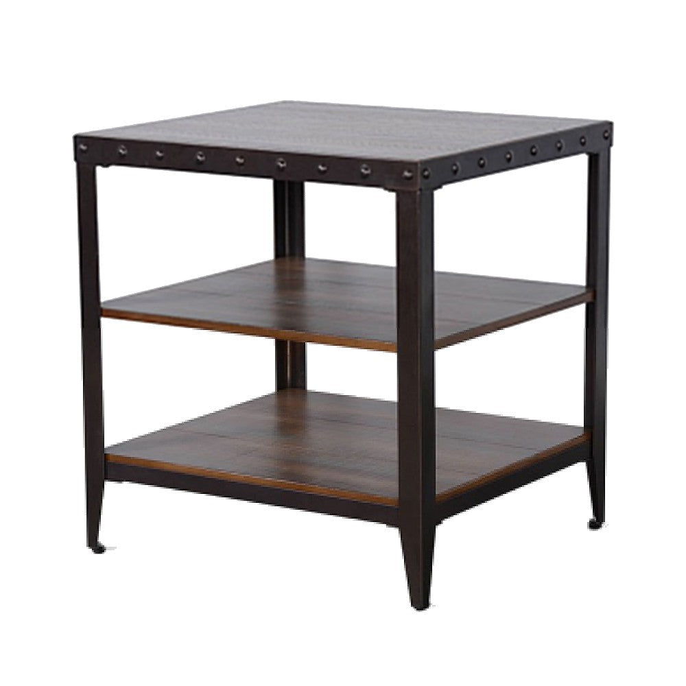 Ayka Side End Table w 2 Shelf Nailhead 24’’ Rectangular Brown Wood BM325164