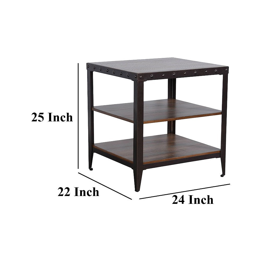 Ayka Side End Table w 2 Shelf Nailhead 24’’ Rectangular Brown Wood BM325164